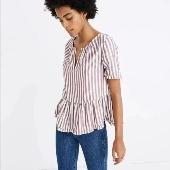 🌞 Madewell 🌞 'Stanza' Ruffle-Hem Stripe Top - [Small in Berry/White Stripe] - Picture 6 of 15